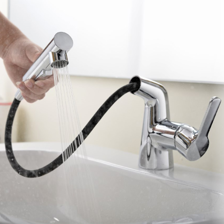 Robinet mitigeur de lavabo à poignée unique, robinet de salle de bains d'eau chaude et froide avec pulvérisateur extractible
