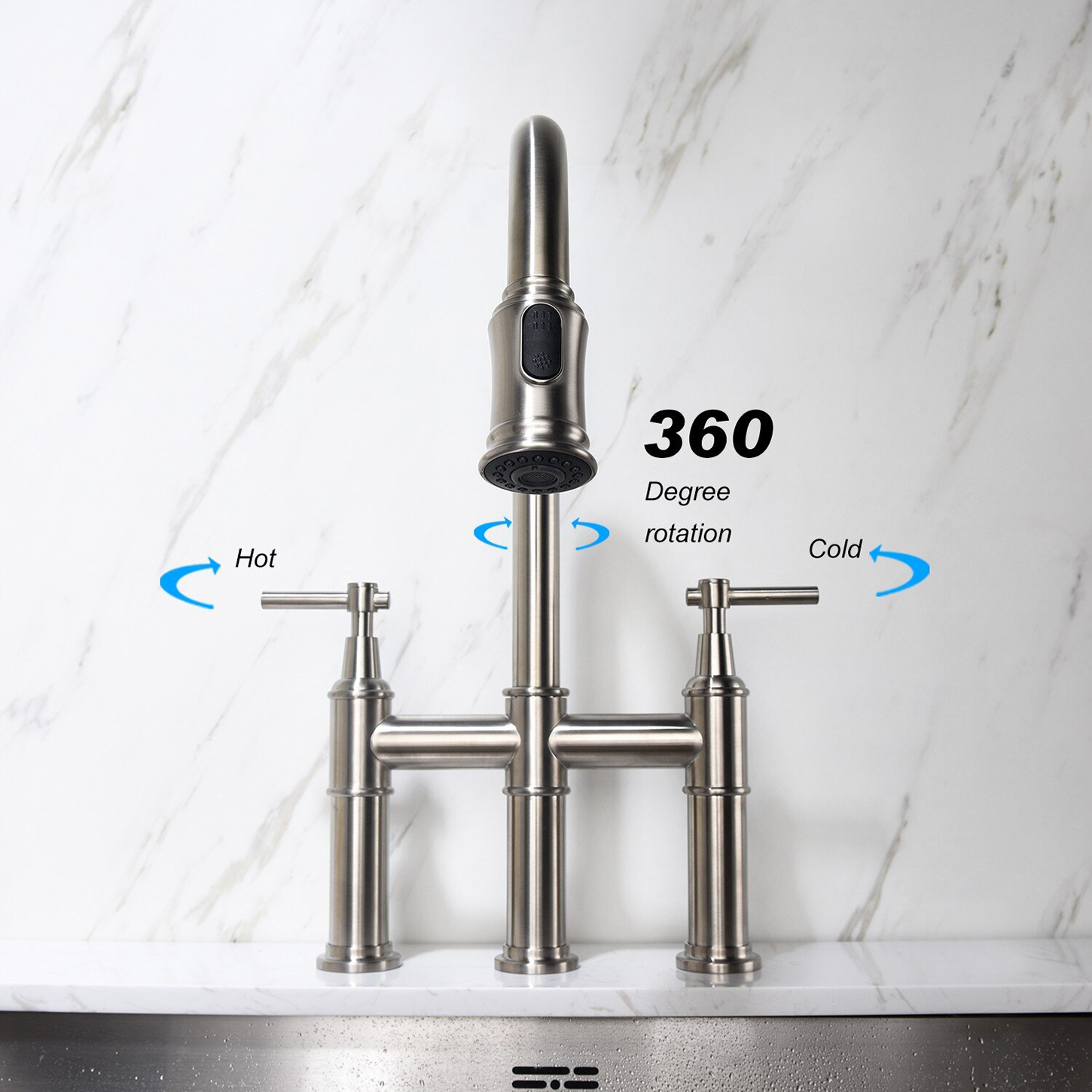  Robinet de cuisine Aquacubic Bridge avec tête de pulvérisation rétractable, résistant aux empreintes digitales, sans taches