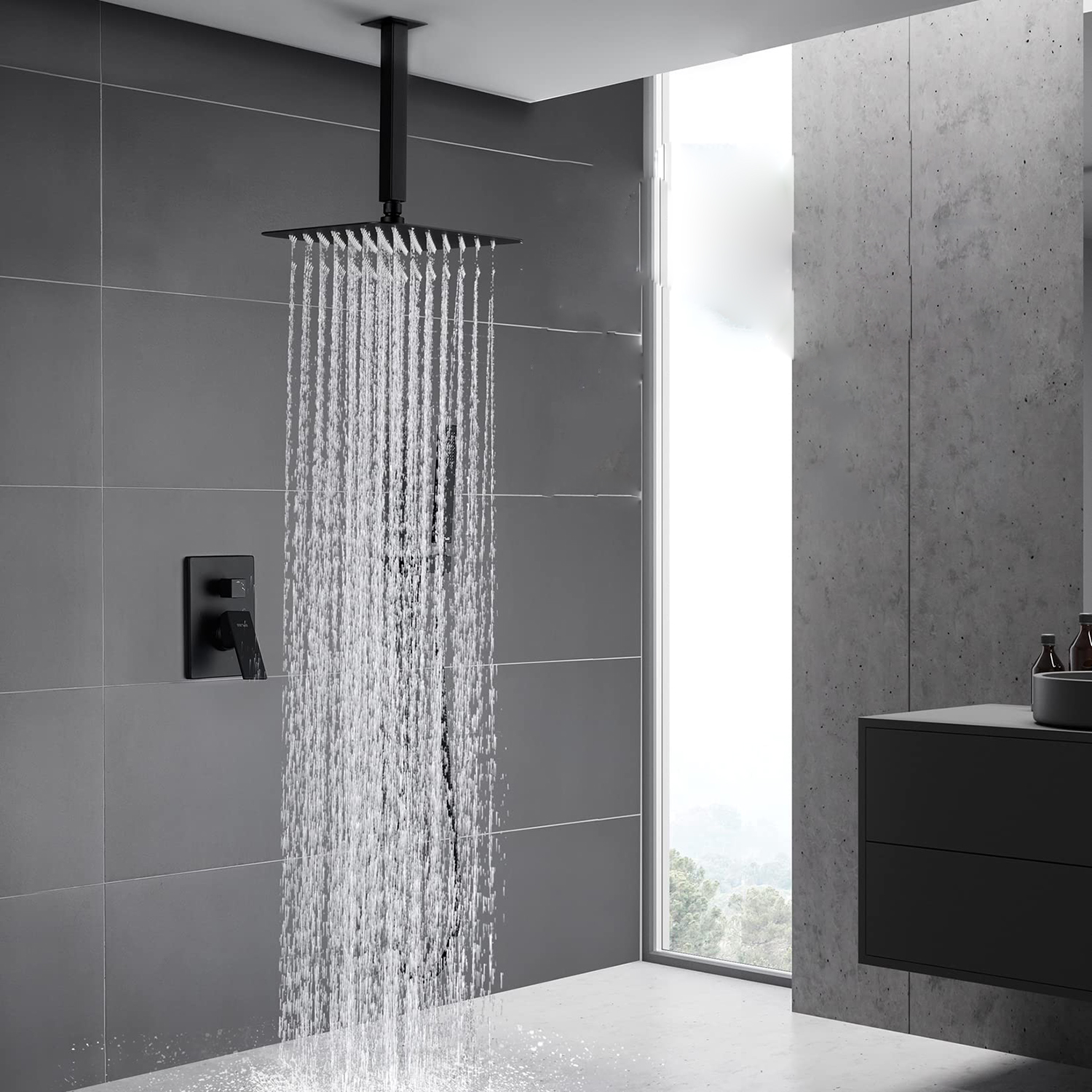 Système de douche à effet de pluie carré noir mat pour salle de bain, 12 pouces, montage au plafond, avec douche à main