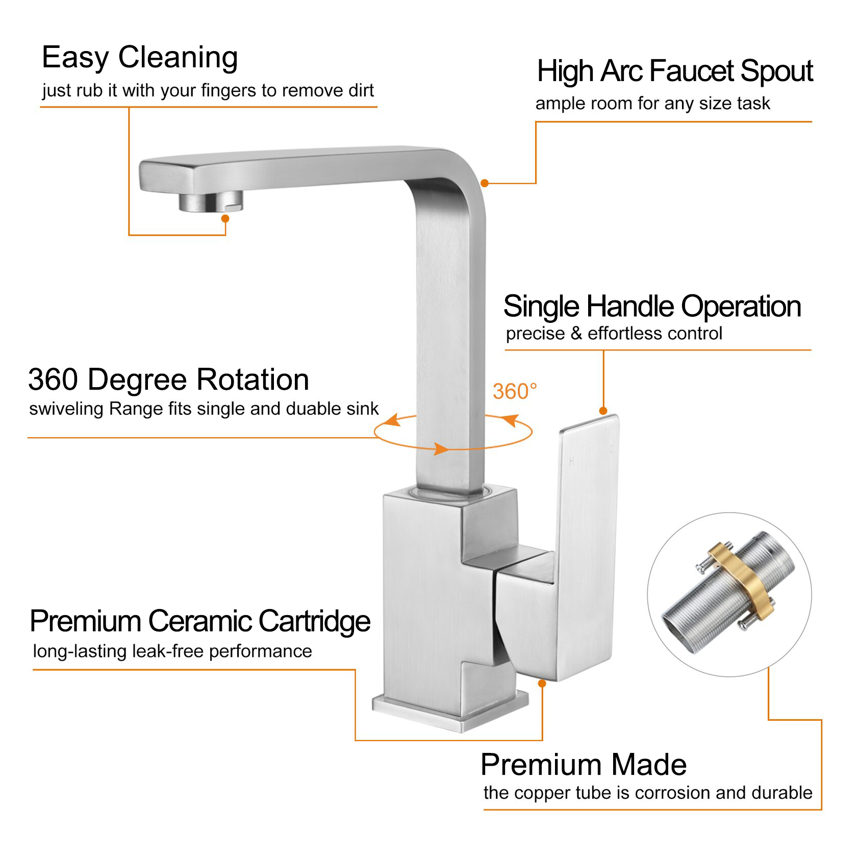 Aquacubic robinet de cuisine pivotant à 360 degrés, en acier inoxydable ss 304 à bas prix, rotatif à 360 degrés