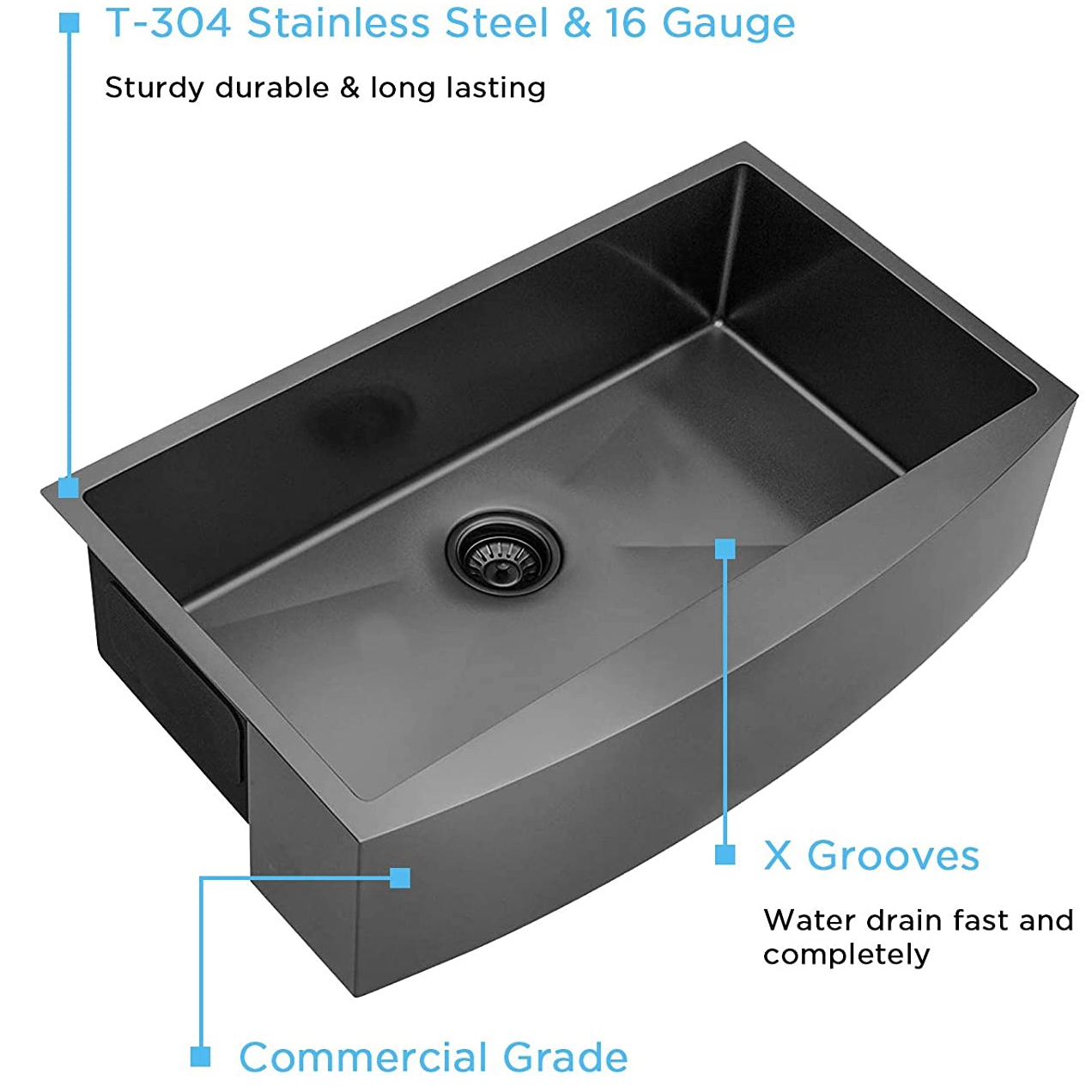 Aquacubic Gunmetal Noir PVD nano Tablier Avant Cuve simple Calibre 16 Évier de cuisine de ferme en acier inoxydable 304