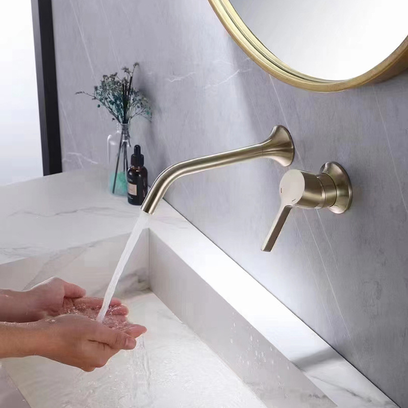 Robinets de lavabo de salle de bains à montage mural Aquacubic, robinet à montage mural à 2 poignées avec valve brute en laiton