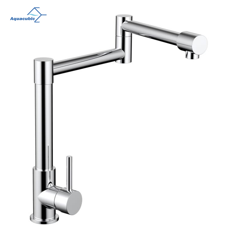 Robinet de remplissage de pot Aquacubic finition nickel brossé et doubles joints pivotants, robinet de cuisine pliable à montage sur pont