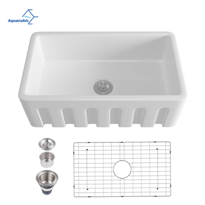 Évier de cuisine en céramique à cuve unique de style américain, 33 pouces, évier réversible blanc avec grille inférieure et crépine à panier pour les États-Unis