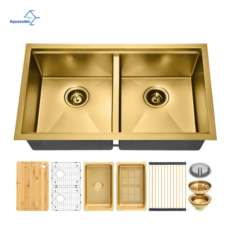 Usine PCD Nano Golden 304 Acier Inoxydable Double Bol Fait Main Évier de Cuisine avec Rebord