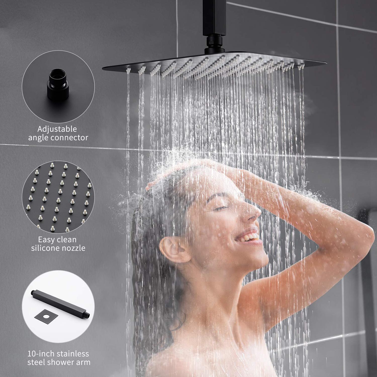Système de douche à effet de pluie carré noir mat pour salle de bain, 12 pouces, montage au plafond, avec douche à main