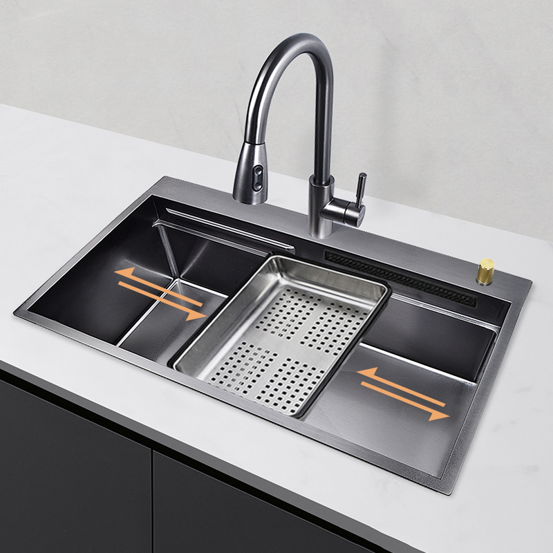 Évier de cuisine nano fait main moderne de luxe en acier inoxydable 304 avec robinet cascade multifonction