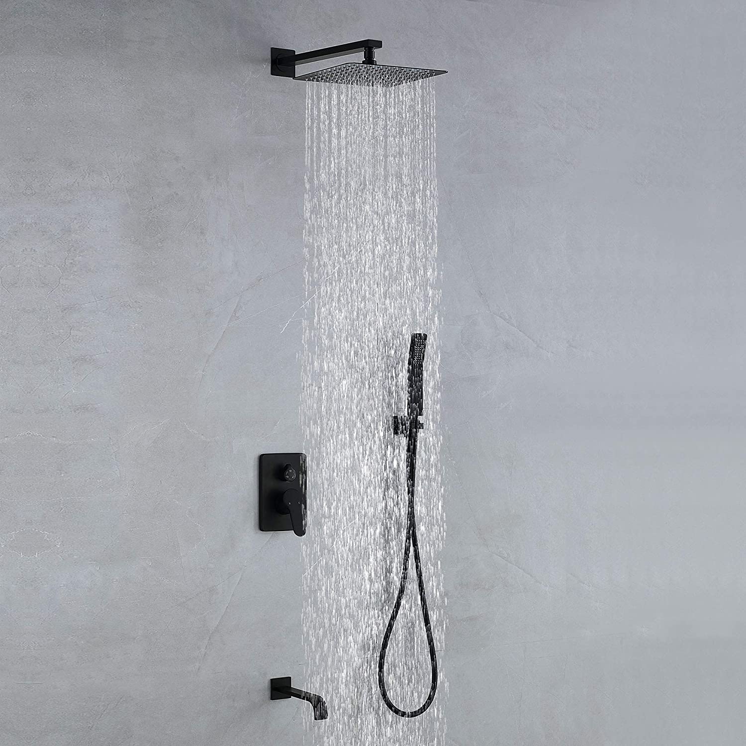 Aquacubic Ensemble de robinets de douche à effet de pluie à montage mural carré noir mat de 12 pouces avec bec de baignoire