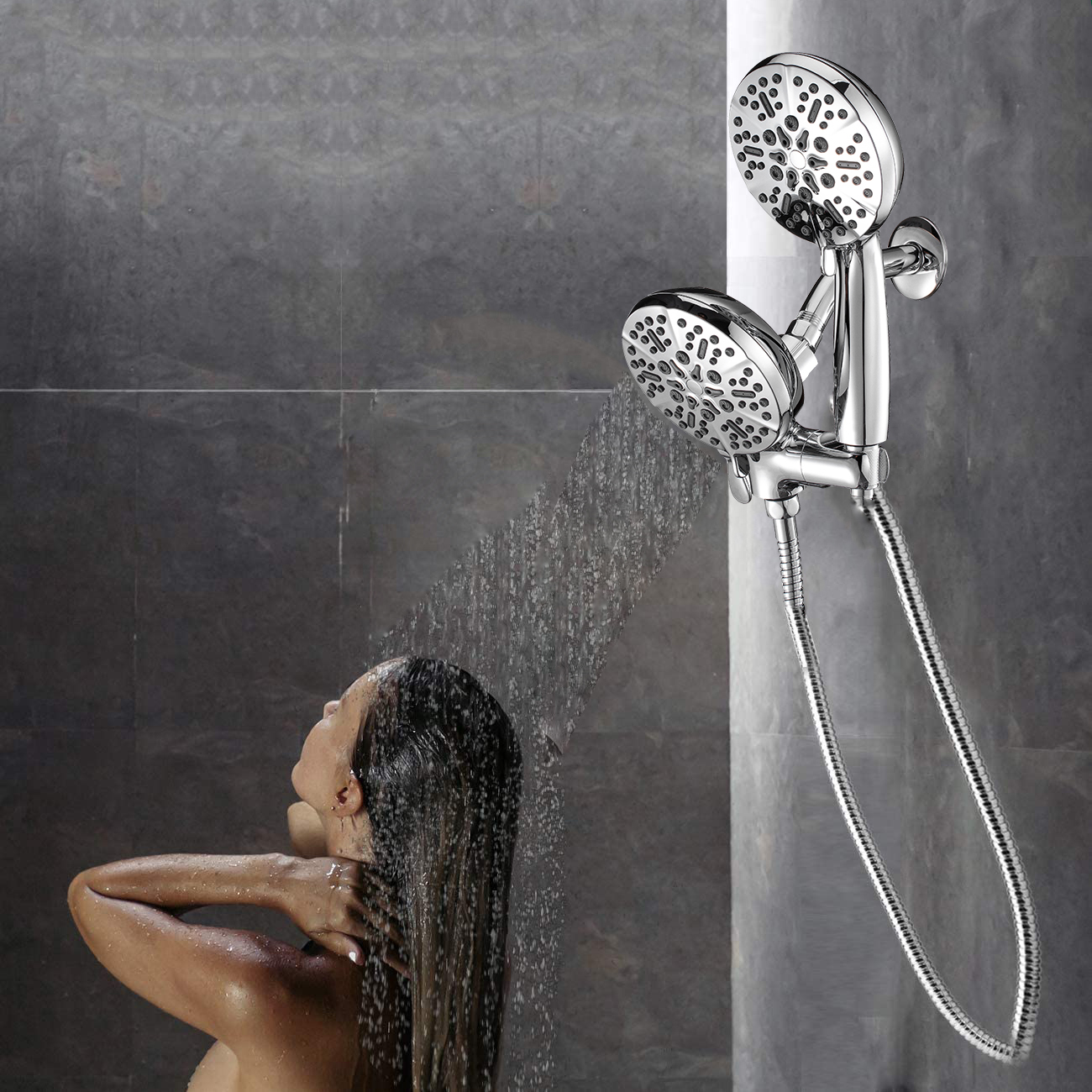 Pommeau de douche double, haute pression, chromé, 7 fonctions, pluie supérieure, combiné avec douchette à main