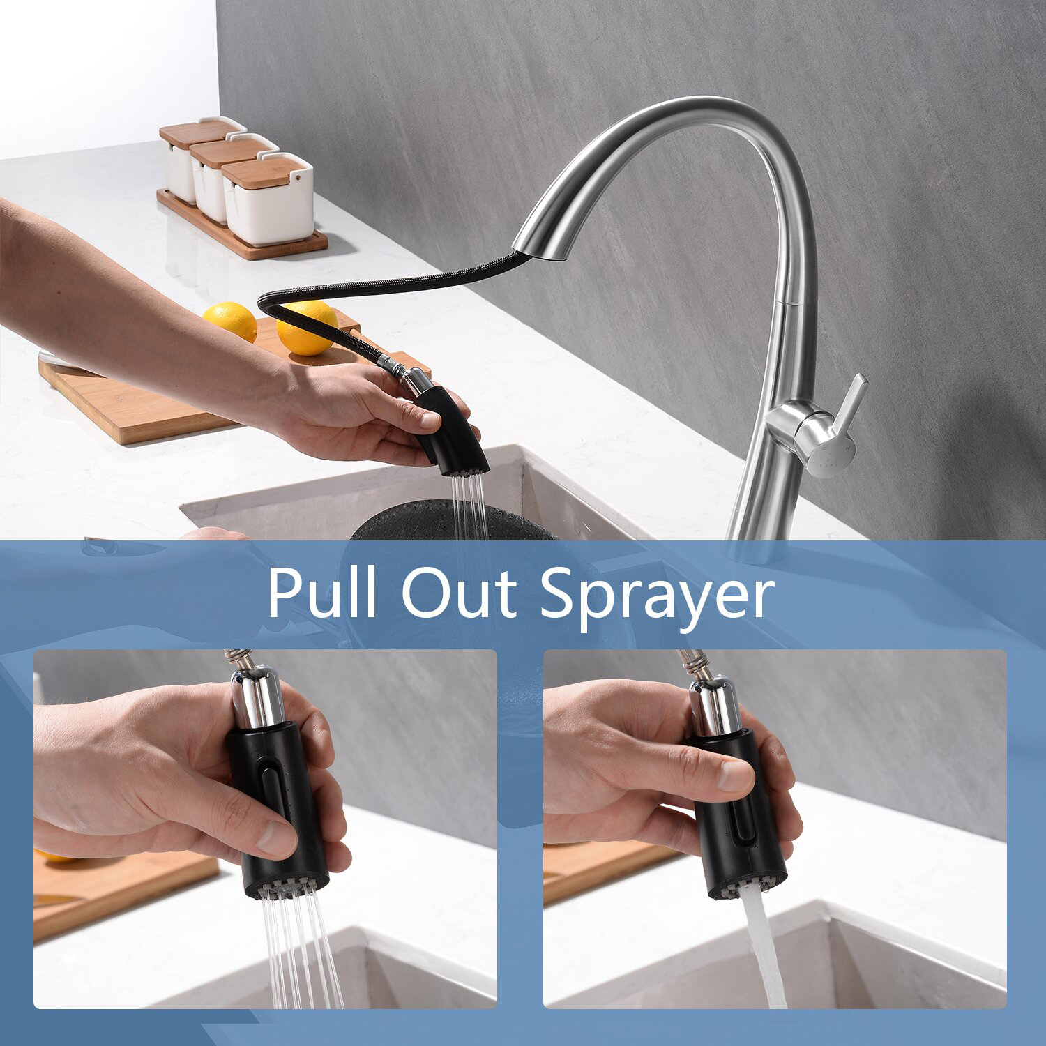 Le robinet de cuisine Aquacubic avec pulvérisateur rétractable offre un nettoyage efficace du robinet d'évier de cuisine
