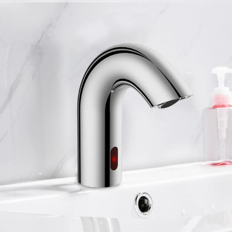 Robinet de lavabo de salle de bains chromé sans contact à capteur automatique avec boîtier de commande et mélangeur de température