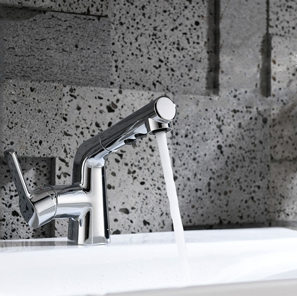 Robinet mitigeur de lavabo à poignée unique, robinet de salle de bains d'eau chaude et froide avec pulvérisateur extractible