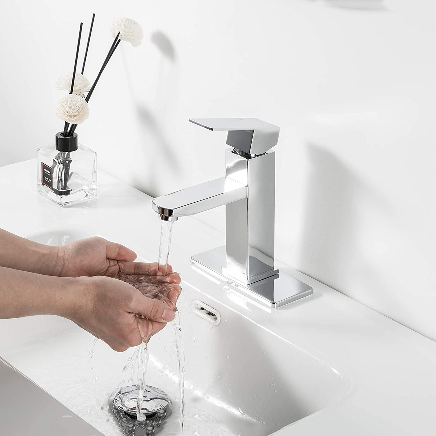 Robinet de salle de bains carré chromé à montage sur comptoir, monotrou Simple, robinet de lavabo en acier inoxydable 304