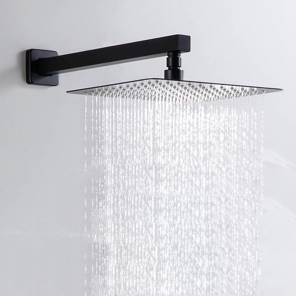 Aquacubic Ensemble de robinets de douche à effet de pluie à montage mural carré noir mat de 12 pouces avec bec de baignoire