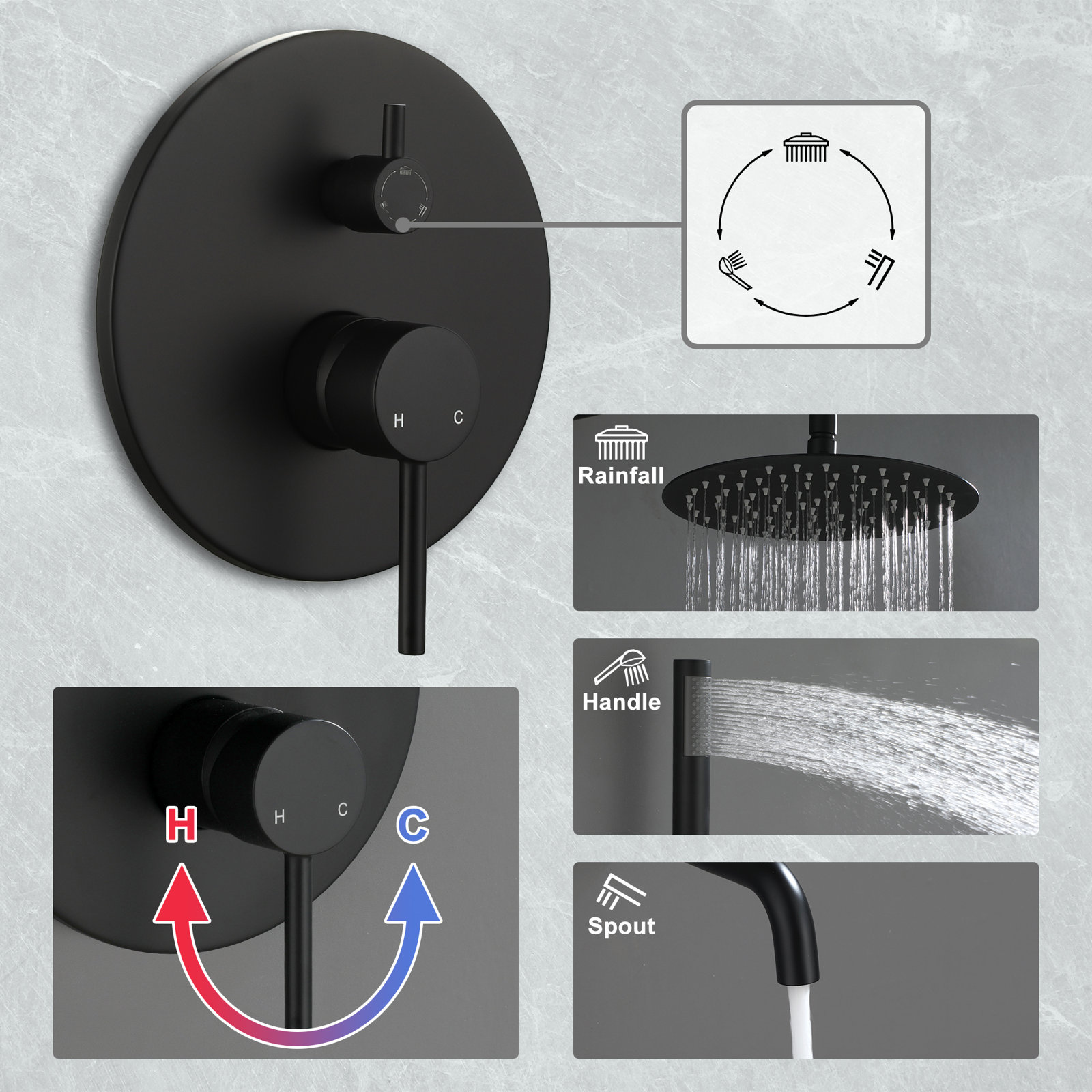 Système de douche avec robinet de douche noir Aquacubic avec pomme de douche à main