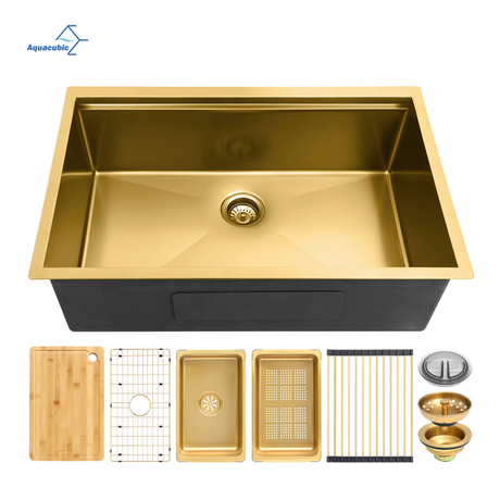 Aquacubic cUPC Luxury PVD Nano Gold Évier de cuisine à cuve unique en acier inoxydable 304 fait à la main avec rebord