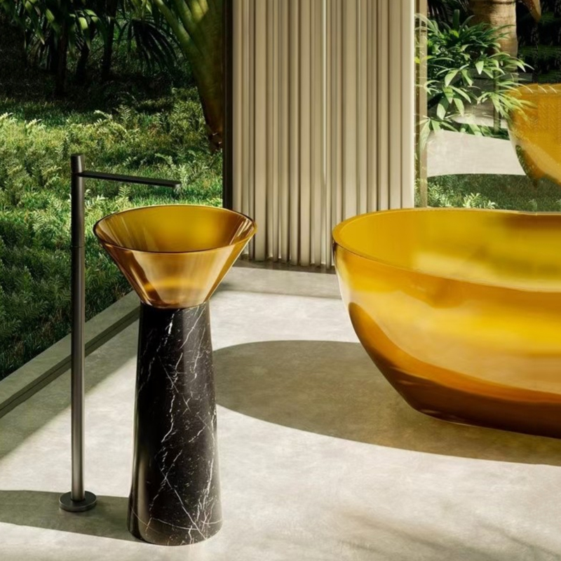 Évier de salle de bains en résine transparente personnalisée, luxueux, de forme ronde, avec piédestal