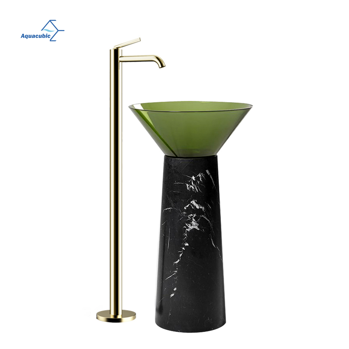 Évier de salle de bains en résine transparente personnalisée, luxueux, de forme ronde, avec piédestal