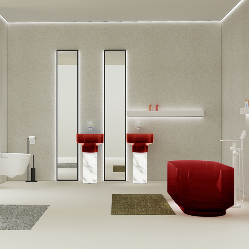 Lavabo en résine rouge, Surface solide, lavabos de salle de bains, évier de salle de bains avec motif en marbre