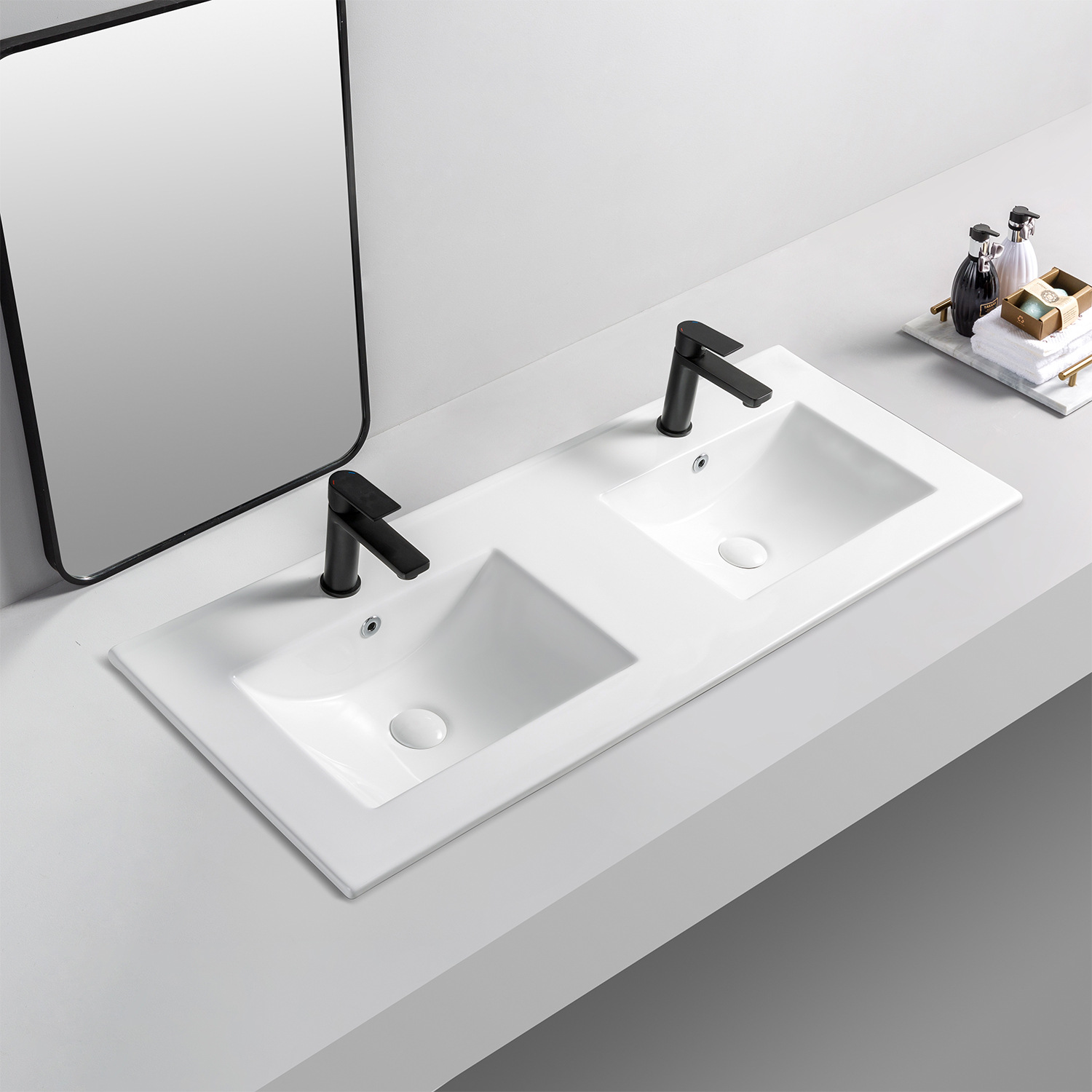 Lavabo de comptoir en céramique pour salle de bain carrée à double cuve à rebord automatique Aquacubic