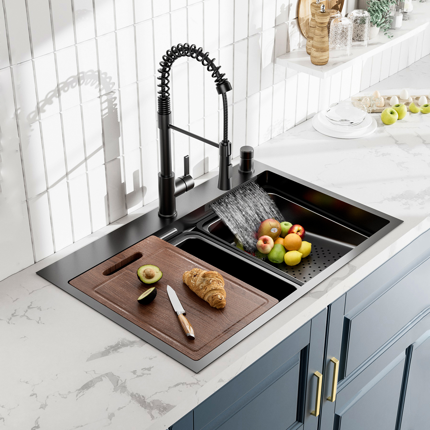 Évier de cuisine nano fait main moderne de luxe en acier inoxydable 304 avec robinet cascade multifonction