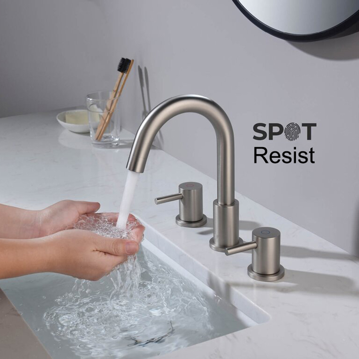 Robinet de salle de bains Aquacubic à deux poignées à grand arc en nickel brossé avec drain escamotable et conduites d'alimentation