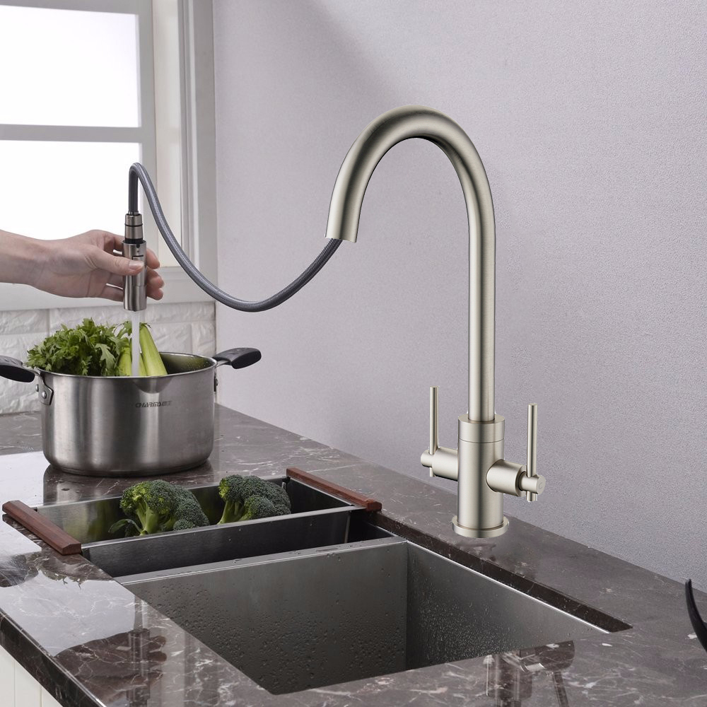 Aquacubic – robinet de cuisine en laiton avec compteur d'eau froide et chaude, robinet à double poignée en nickel brossé, robinet extractible