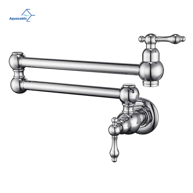 Robinet de remplissage de pot Aquacubic Robinet de cuisine à montage mural commercial Finition chromée polie Robinet d'évier de restaurant pliant avec bras pivotant à double articulation et 2 poignées