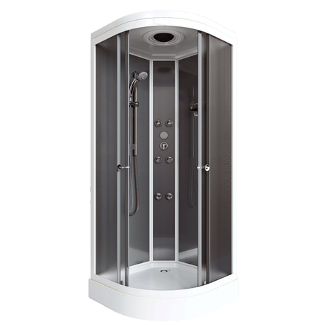 Salle de douche d'angle avec portes coulissantes en verre, éclairage à jets de massage