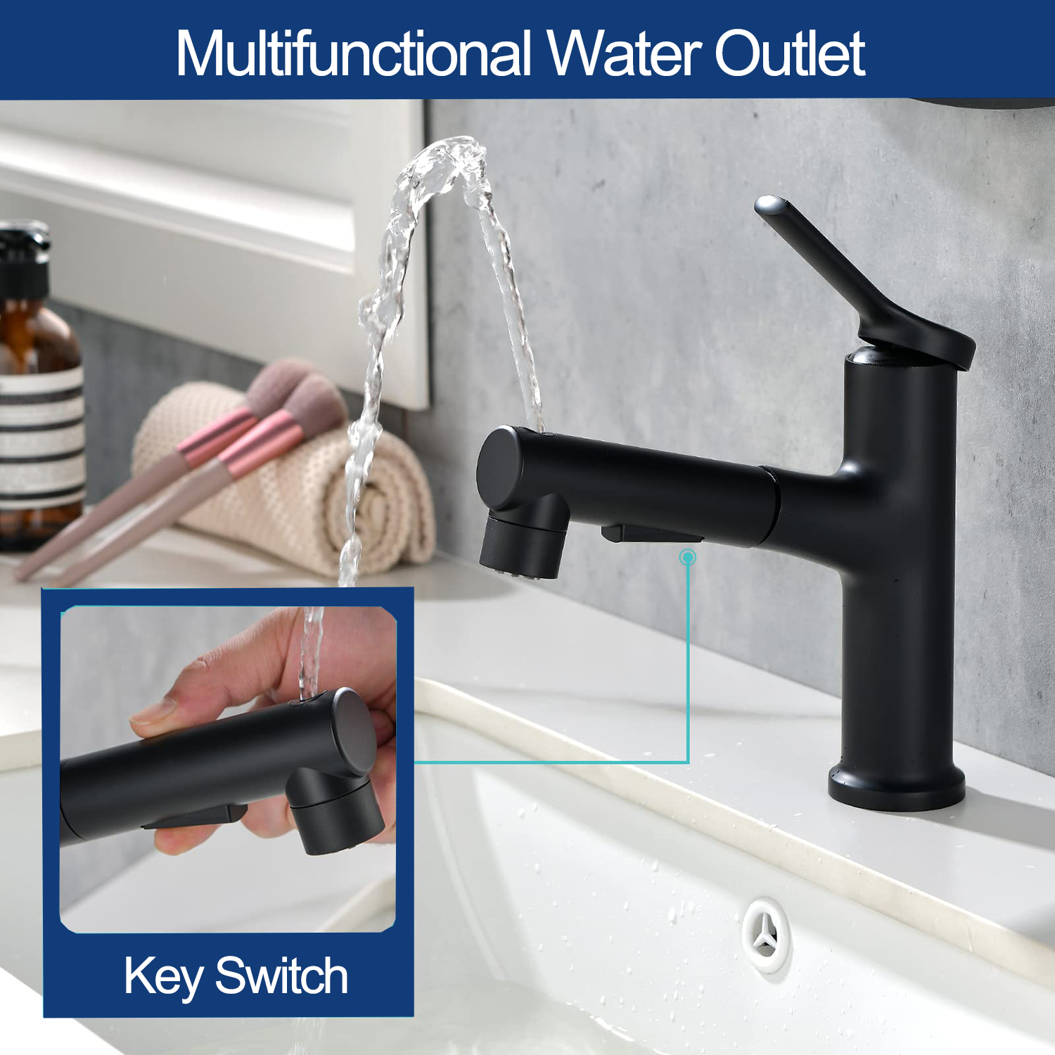 Application multi-endroits Aquacubic dans des robinets de lavabo en mode pulvérisateur noir mat