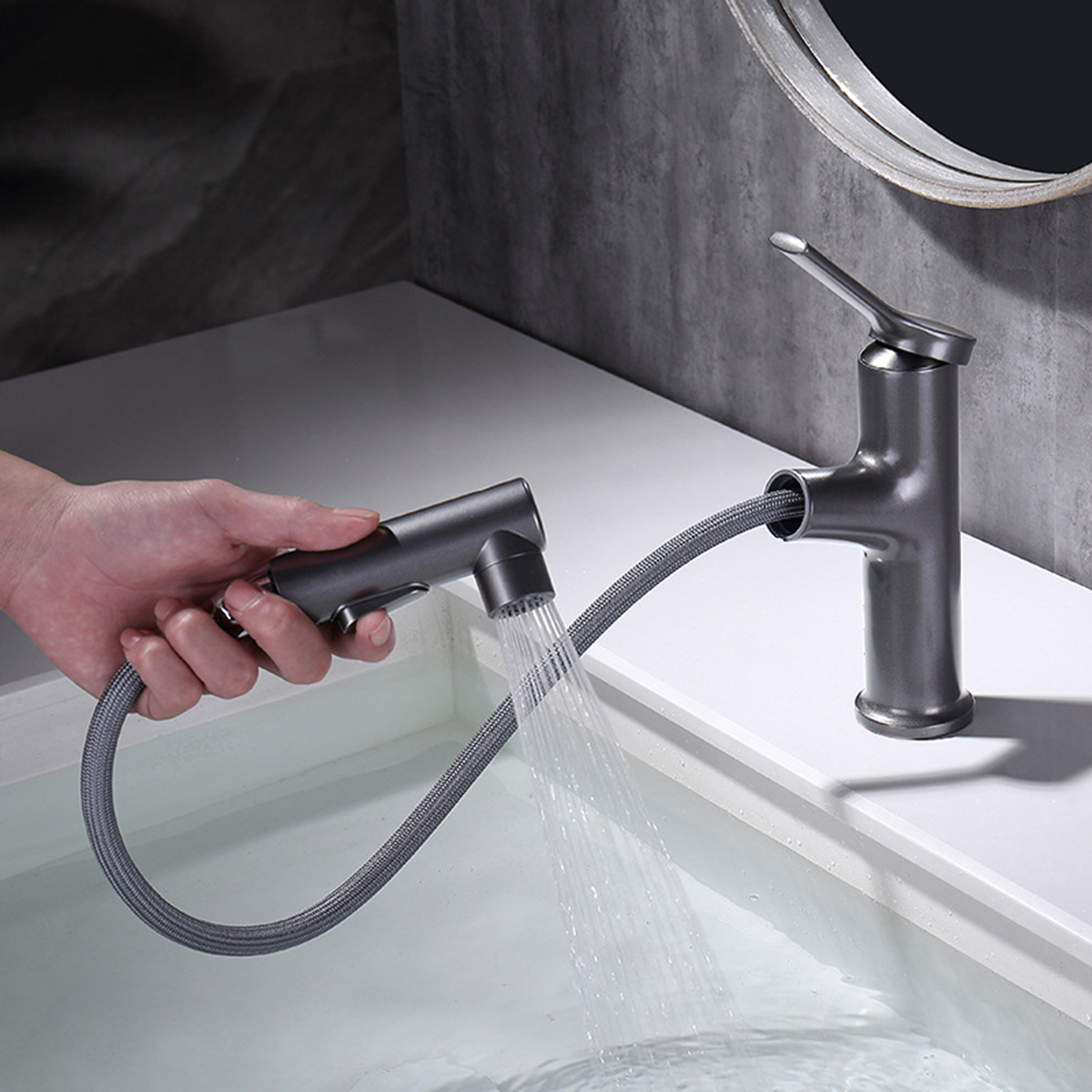 Aquacubic certifié Gunmental gris monotrou monté sur le pont douchette extractible robinet de lavabo