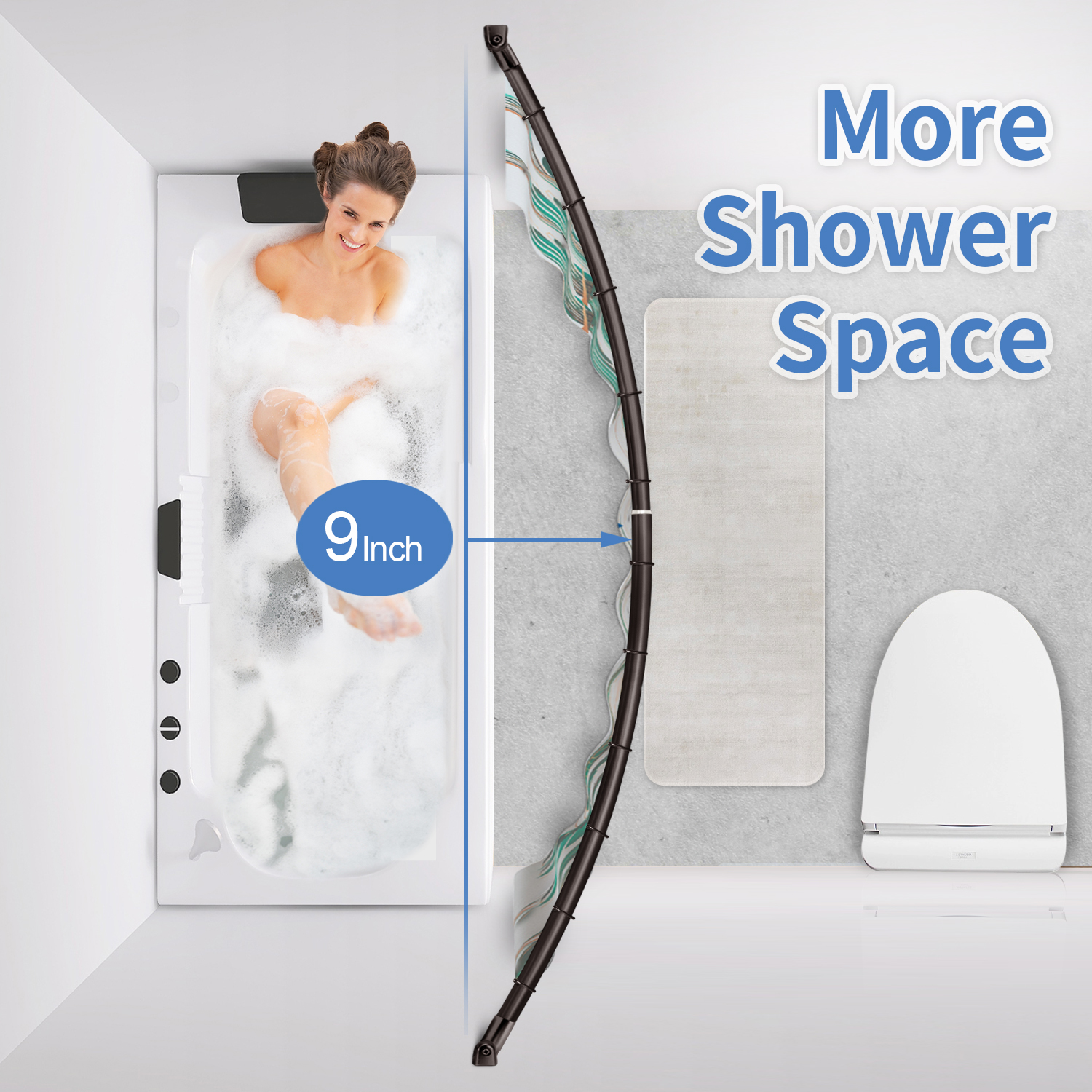 Support de tringle à rideau de douche, extensible et incurvé en acier inoxydable 304, pour salle de bain, baignoire, vente en gros (50 à 72 pouces), vente en gros