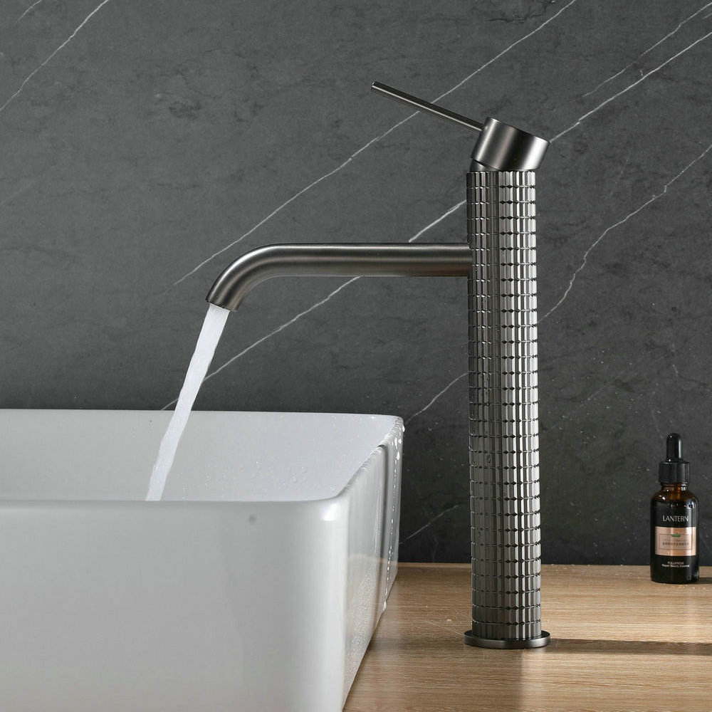Robinet de lavabo haut Design moleté, robinet de salle de bains Design italien, eau chaude et froide, robinet de lavabo en laiton de couleur gris bronze