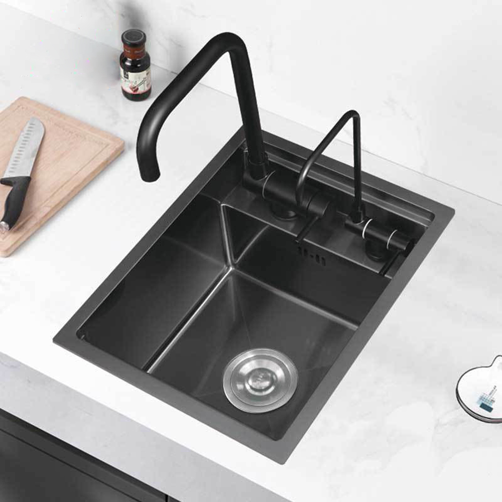 Évier de cuisine caché noir en acier inoxydable 304, fait à la main, avec robinet de levage Intelligent à couvercle rabattable