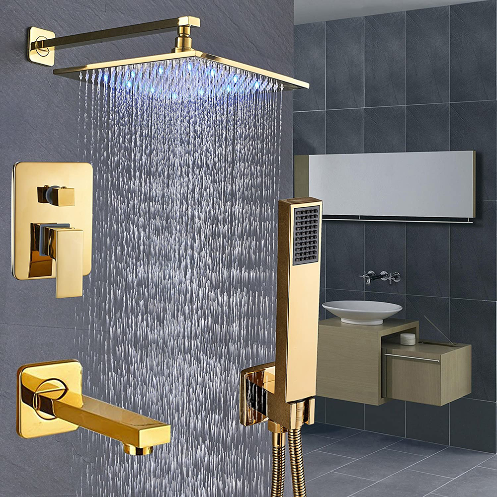 Système de robinet de douche de baignoire en or brossé ensemble de douche de pluie de salle de bains avec bec de baignoire