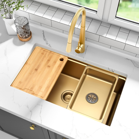 Usine PCD Nano Golden 304 Acier Inoxydable Double Bol Fait Main Évier de Cuisine avec Rebord