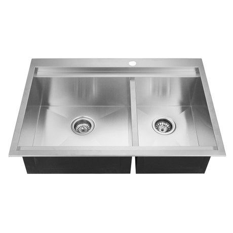 Évier de cuisine à double cuve en acier inoxydable blanc argenté fait à la main avec rebord