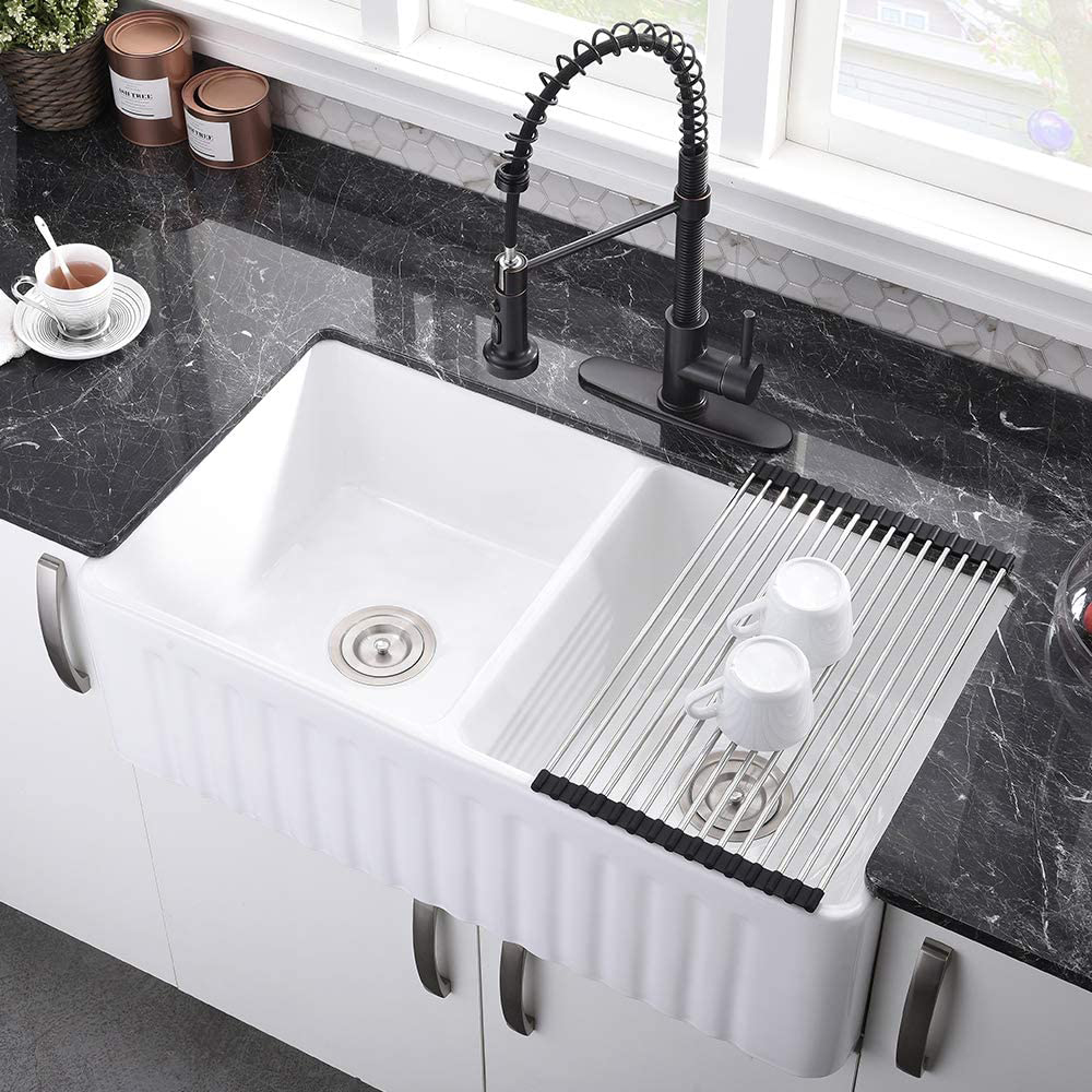 Aquacubic CUPC Fireclay 50/50 Évier de poste de travail de cuisine à double cuve avec accessoires