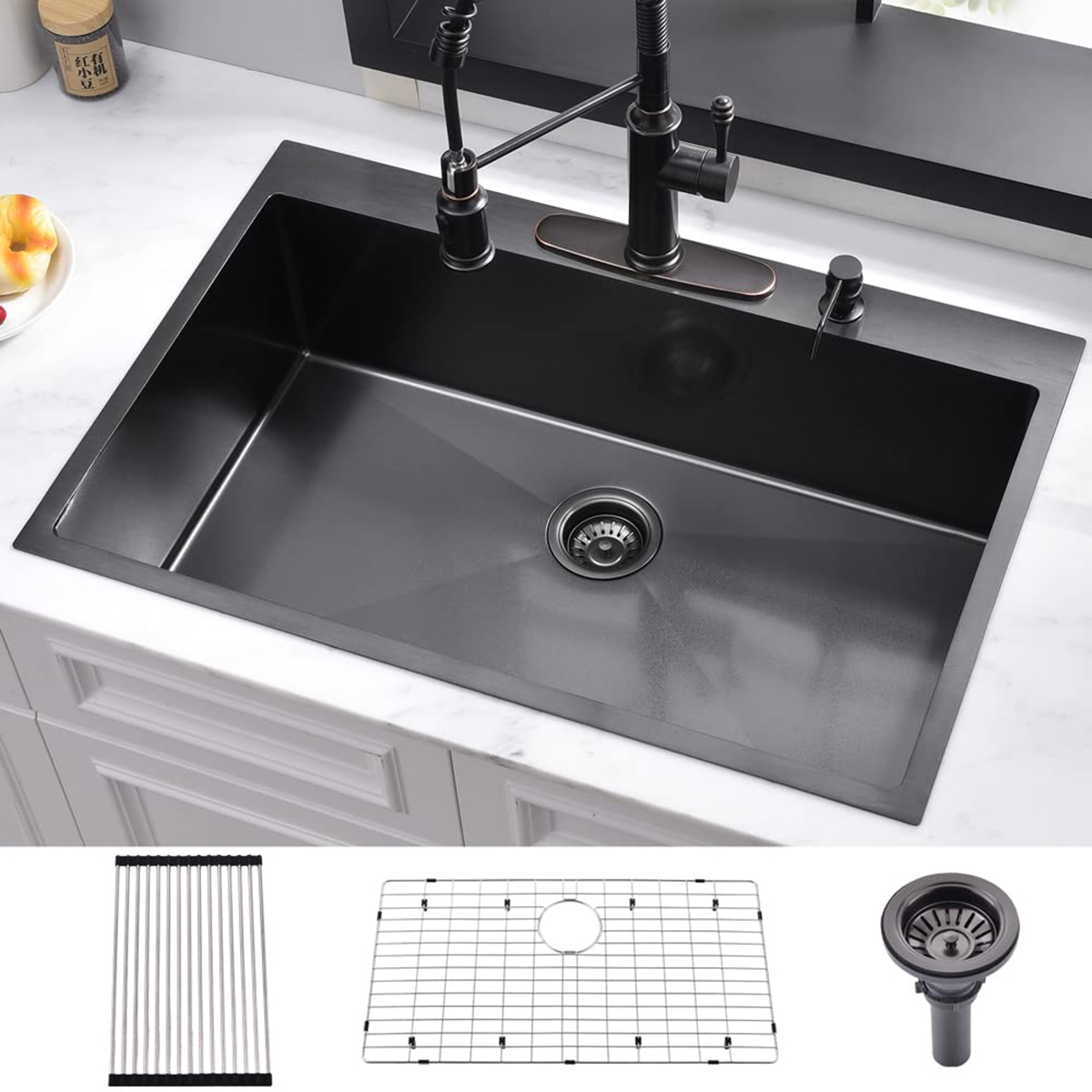 Évier de cuisine rectangulaire en granit, 36 '× 22', moderne, profond, simple, en acier inoxydable 304, fait à la main, lavabo sur le dessus