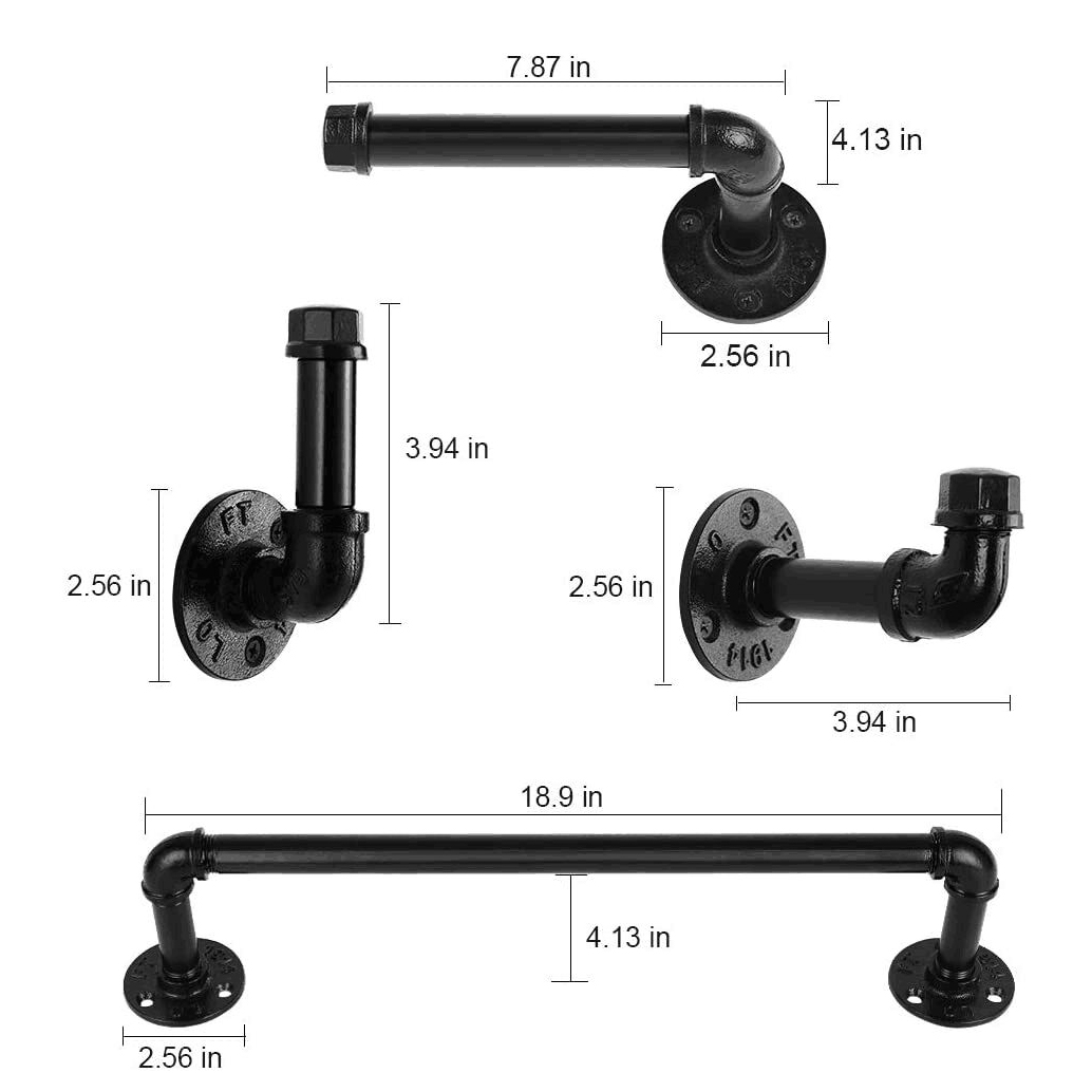 Ensemble de fixation de matériel de salle de bains, tuyau industriel noir galvanisé moderne et Chic par Pipe Decor, Kit de 4 pièces