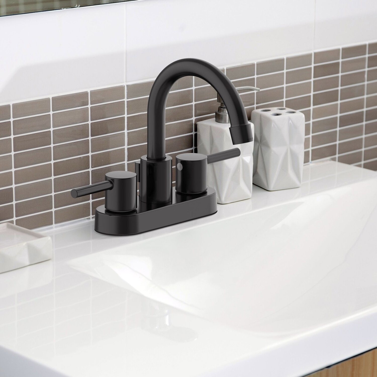 Aquacubic – robinet de salle de bains noir mat, 4 pouces, deux poignées, deux trous, ensemble central de lavabo, avec accessoires