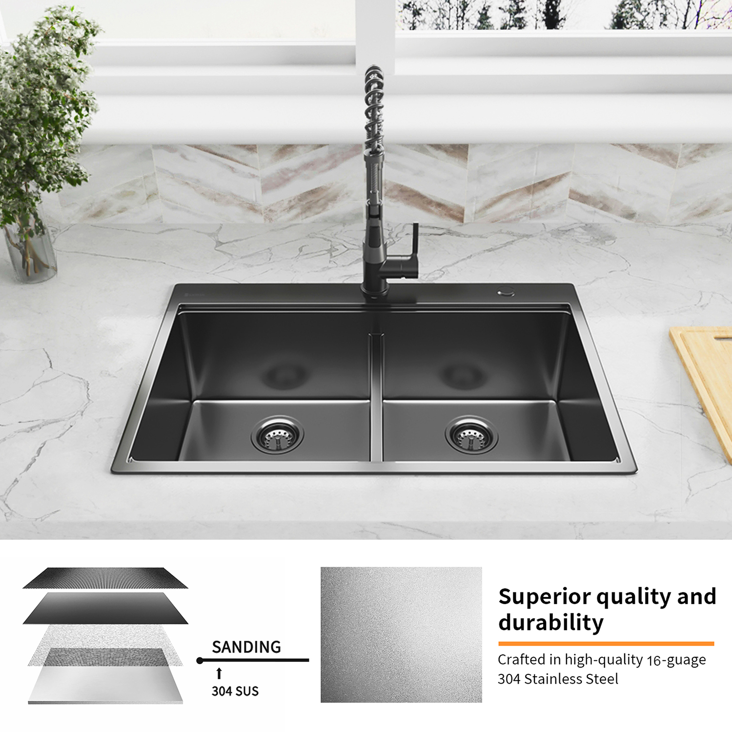 Aquacubic 33*22 pouces Gunmetal noir 304 évier de cuisine à Double cuve en acier inoxydable avec rebord et accessoires