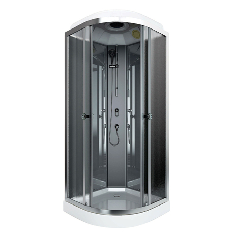 Salle de douche d'angle avec portes coulissantes en verre, éclairage à jets de massage