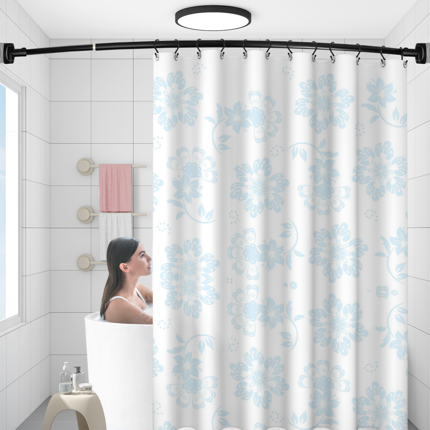 Tringle à rideau de douche fixe incurvée réglable de 72 pouces, vente en gros, pour salle de bain, baignoire