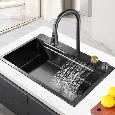 Tiktok Évier de cuisine fait main en acier inoxydable avec cascade noire de 30 pouces avec robinet à cascade