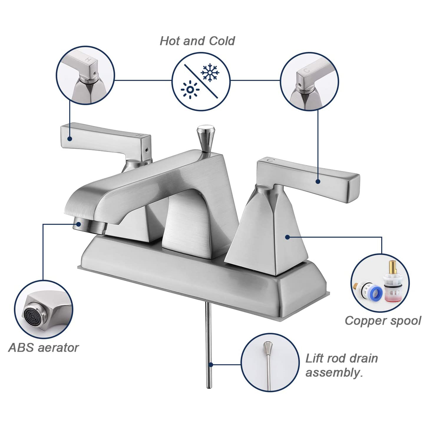 Robinet de lavage d'évier de salle de bains central brossé en nickel de style moderne de 4 pouces avec CUPC