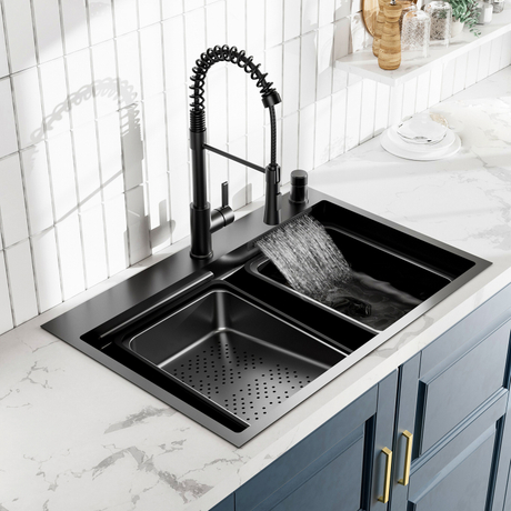 Luxe Gunmetal Black lavabos cascade robinet vente chaude 304 en acier inoxydable multi-fonctions évier de cuisine avec accessoires de robinet
