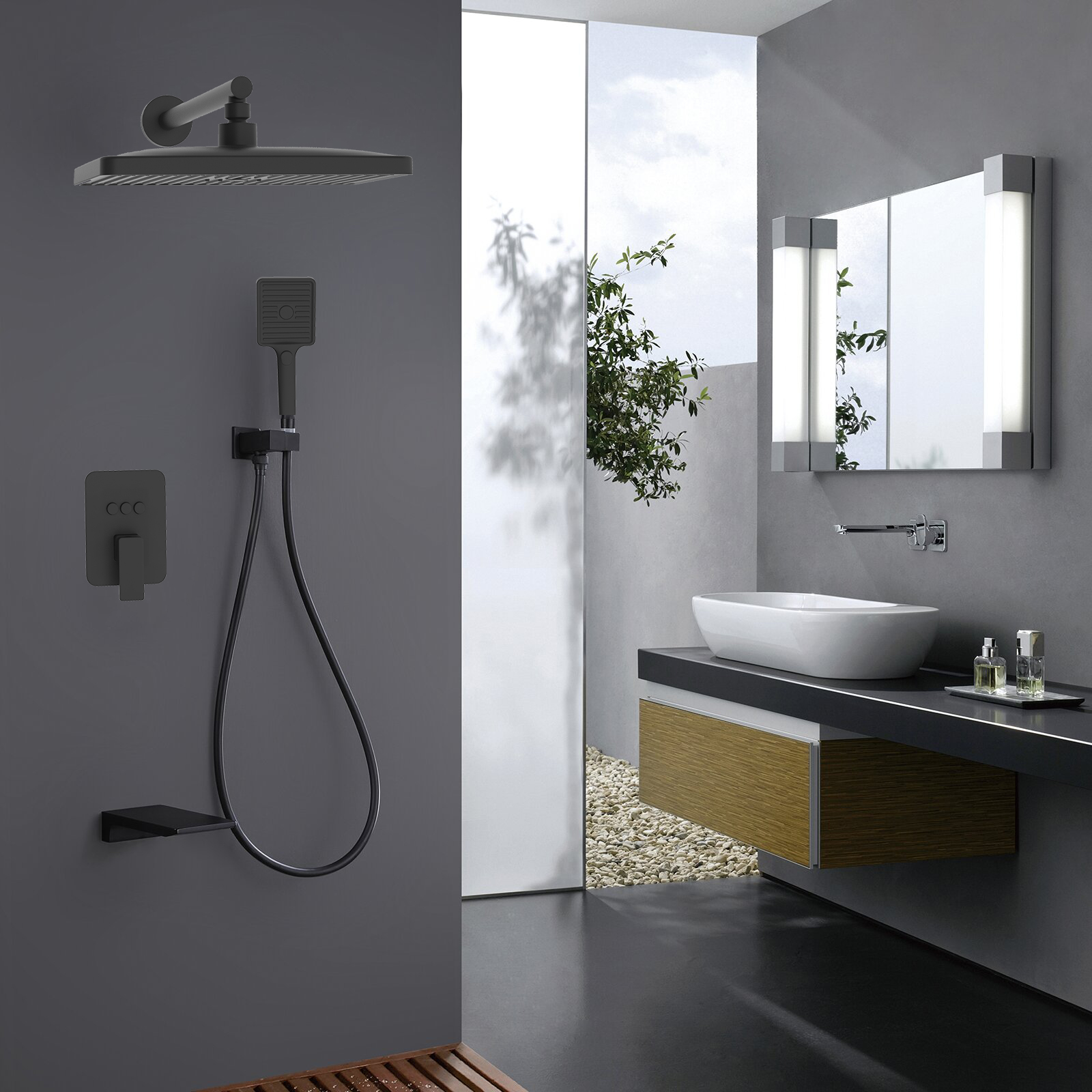 Aquacubic cUPC certifié 12 pouces salle de bain luxe noir mitigeur de douche ensemble combiné de douche
