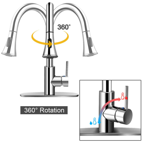 360 rotation alliage de zinc monotrou brossé tirer vers le bas robinet d'eau d'évier de cuisine