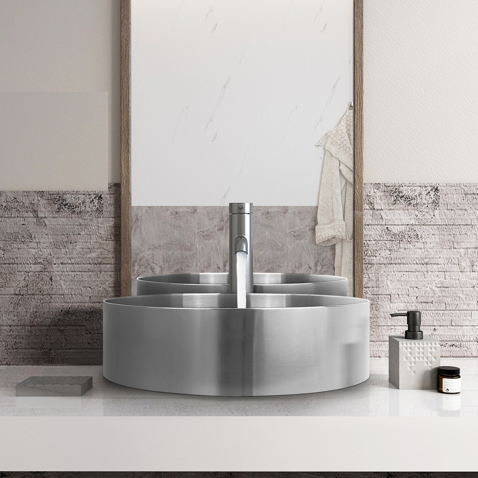 Lavabo de salle de bains moderne en acier inoxydable, lavabo au-dessus du comptoir, revêtement PVD Nano, évier rond de 15.8 pouces avec Drain